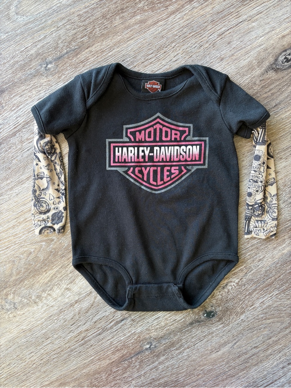 Harley-Davidson Black Bodysuit with Cream Tattoo-Print Sleeves